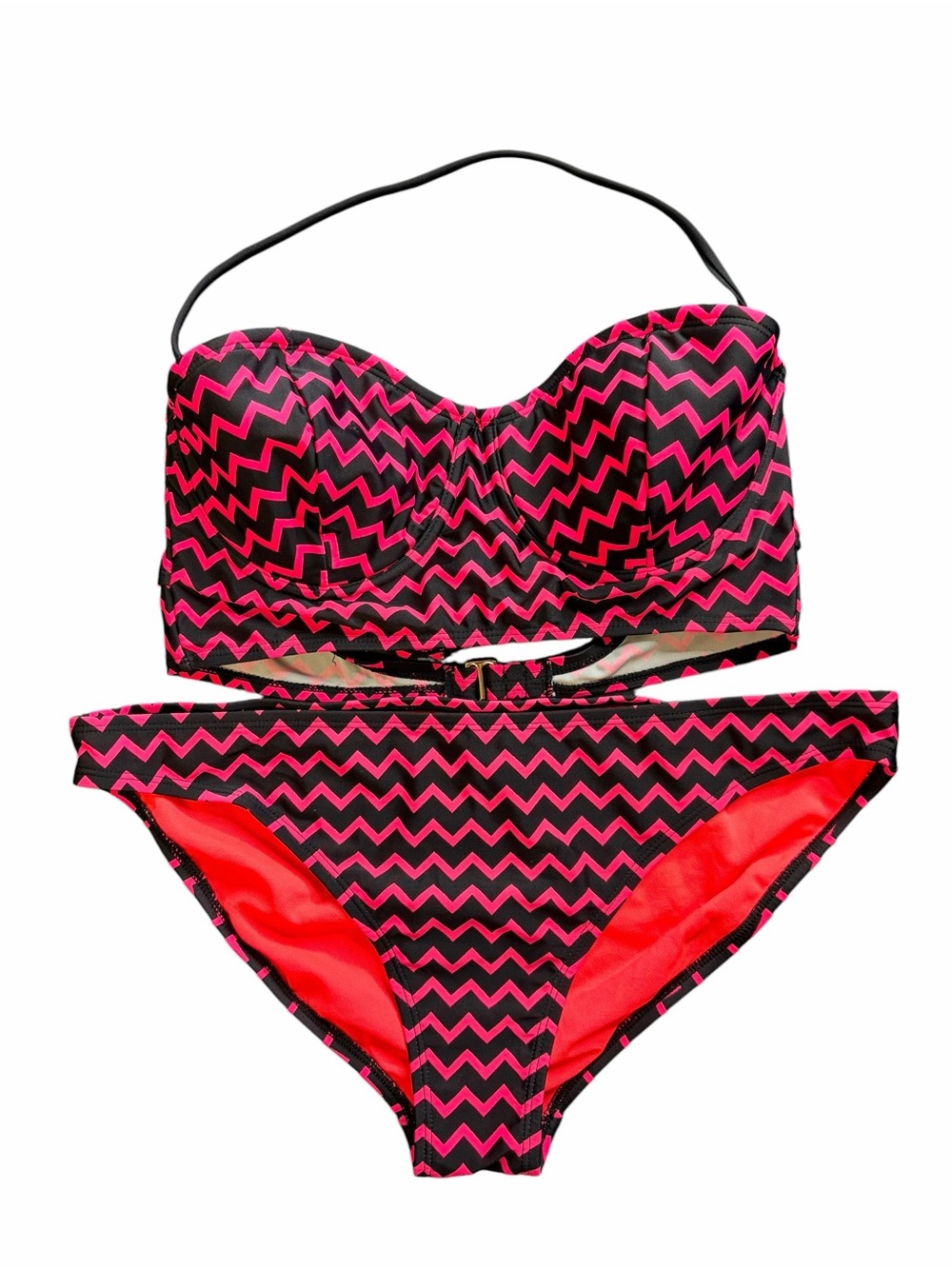 Hot Water Black and Hot Pink Chevron Bandeau Swim Top